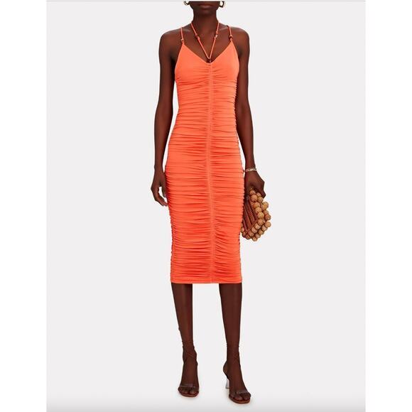 NEW $495 A.L.C. Allegra Ruched Bead-Embellished Midi-Dress - Picture 2 of 9